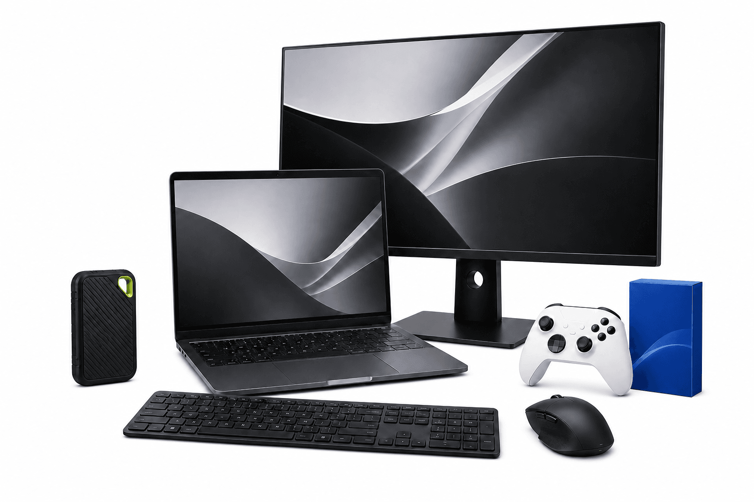Laptop, monitor, keyboard, mouse, portable drive, controller and software package